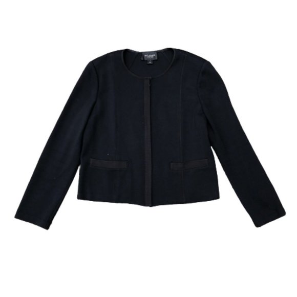 ST. JOHN CAVIAR Milano Knit Zip Front Ribbon Trim Cropped Black Jacket Blazer 12 - Picture 2 of 16
